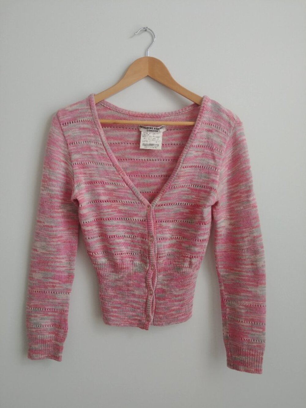 Vintage Y2K Katharine Hamnet London 100% wool pink cardigan sweater M runs small